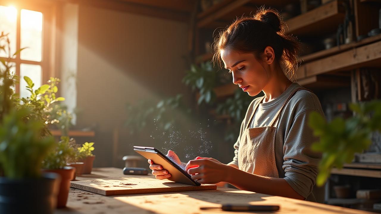 Emprendedora utilizando herramientas de inteligencia artificial en su taller